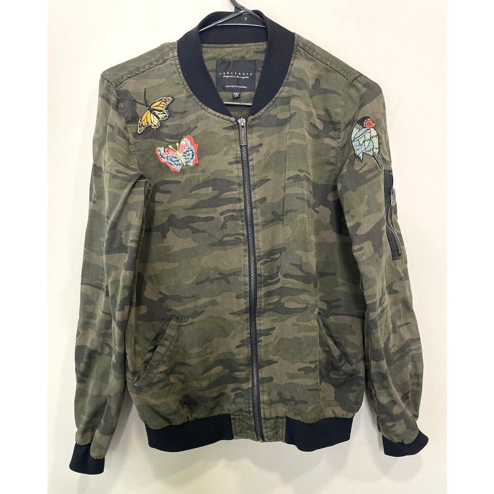Sanctuary Embroidered Butterfly Bird Green Camouflage Bomber Jacket Size XS